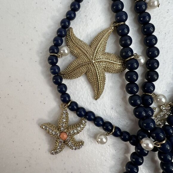Nautical Themed Multi-Strand Necklace Starfish Anchor Charms Beach Jewelry Blue - Picture 3 of 12